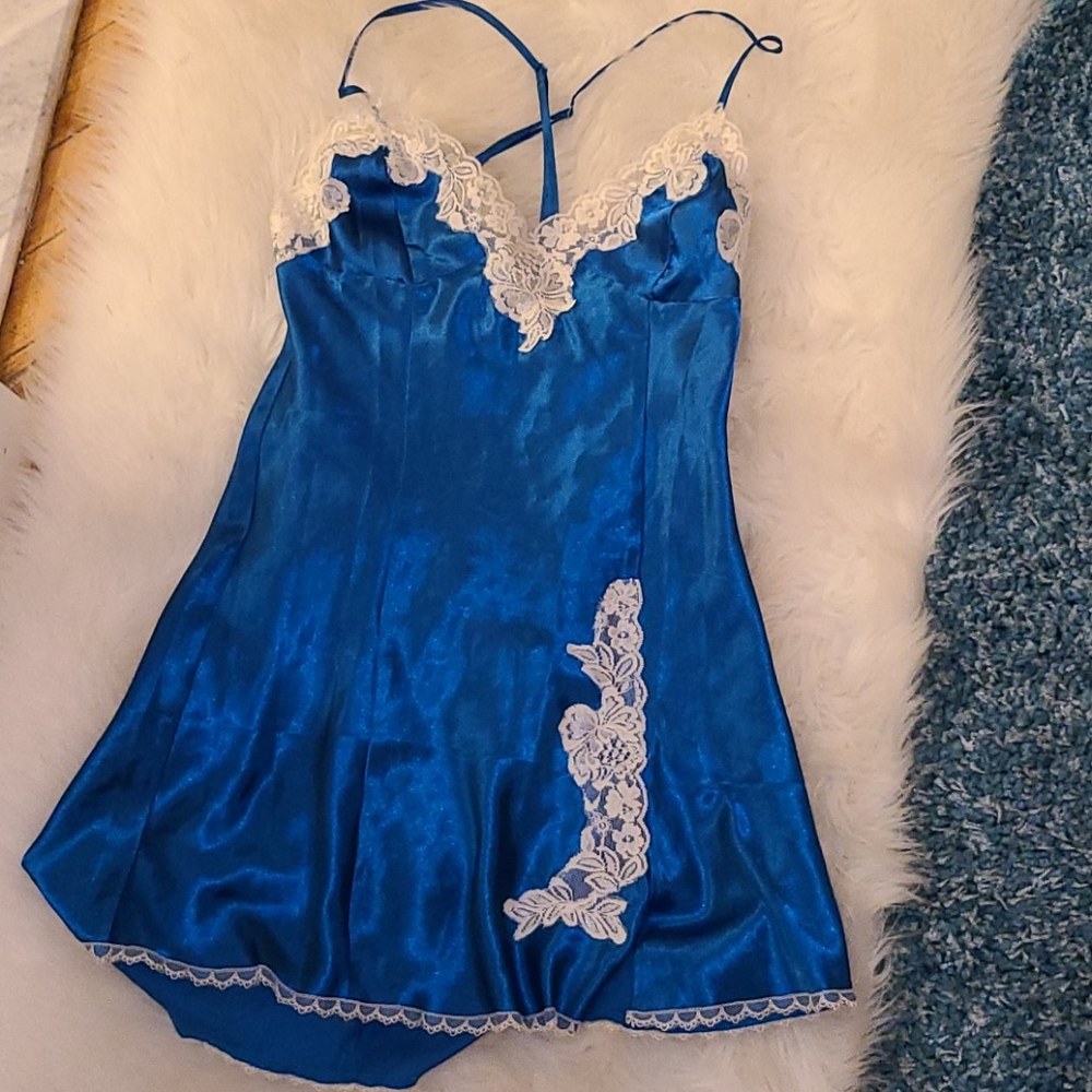 Fredericks of Hollywood Blue Chemise w/ White Lace